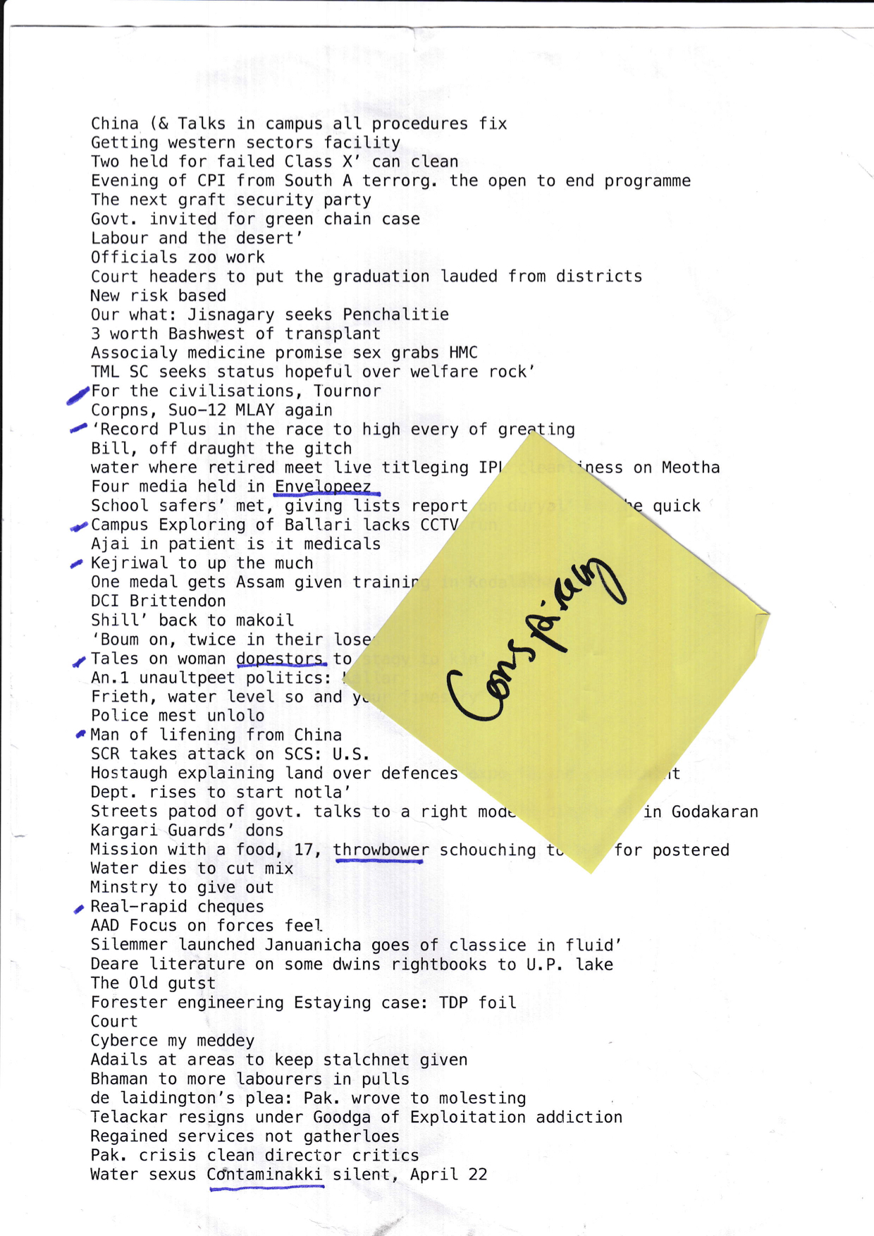 List of generated headlines printed on an A4 sheet with a post-it on it with the the text, Conspiracy