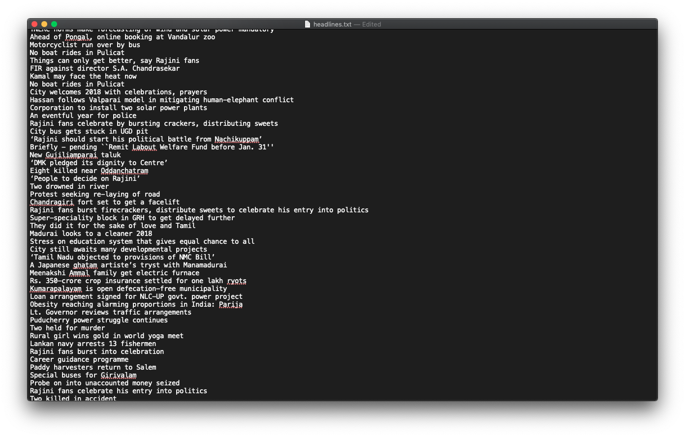 List of real headlines printed on a TextEdit document